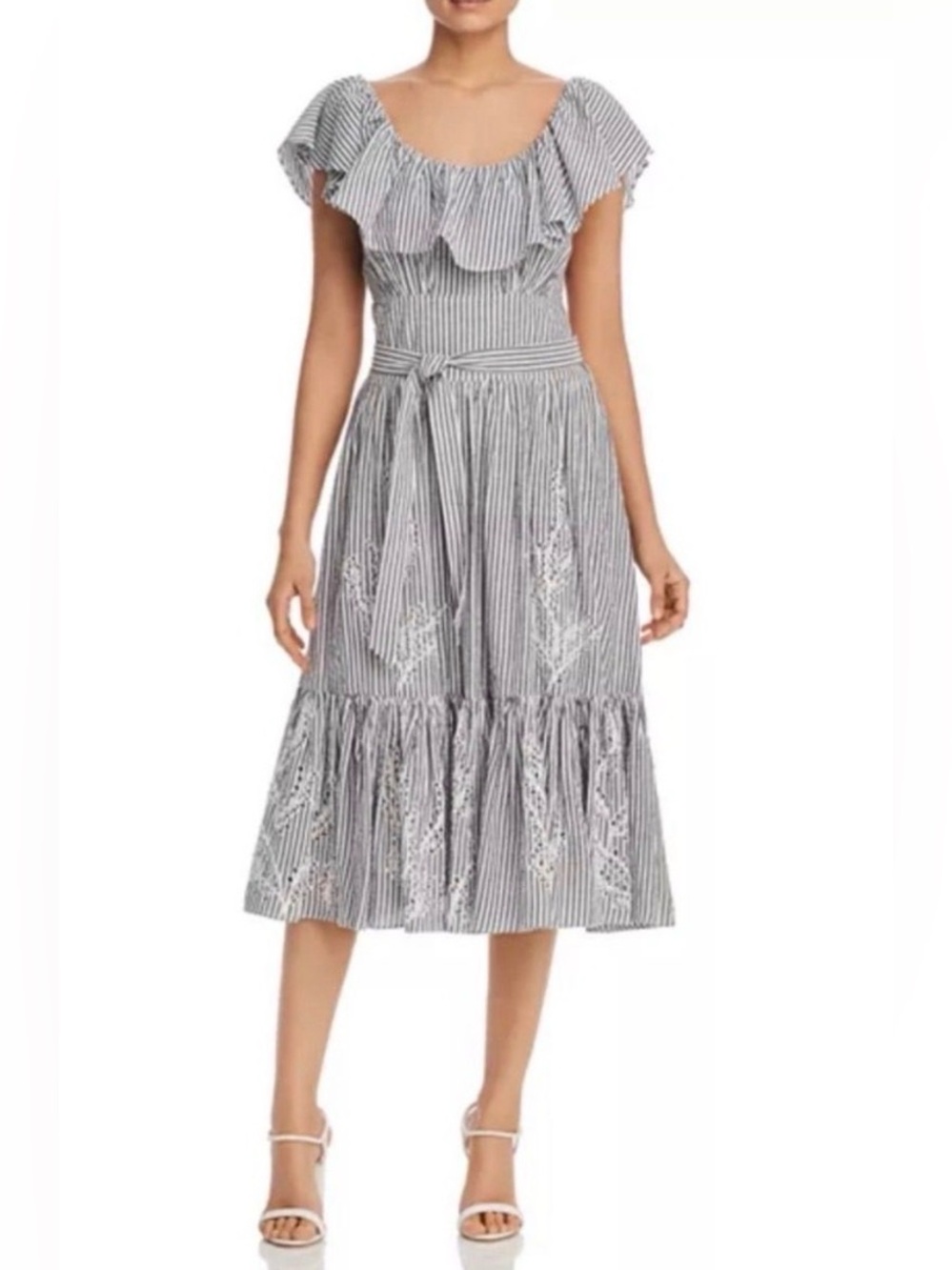 Tory Burch Runway 2018 Blue & White Seersucker Eyelet Cotton Midi, size 2